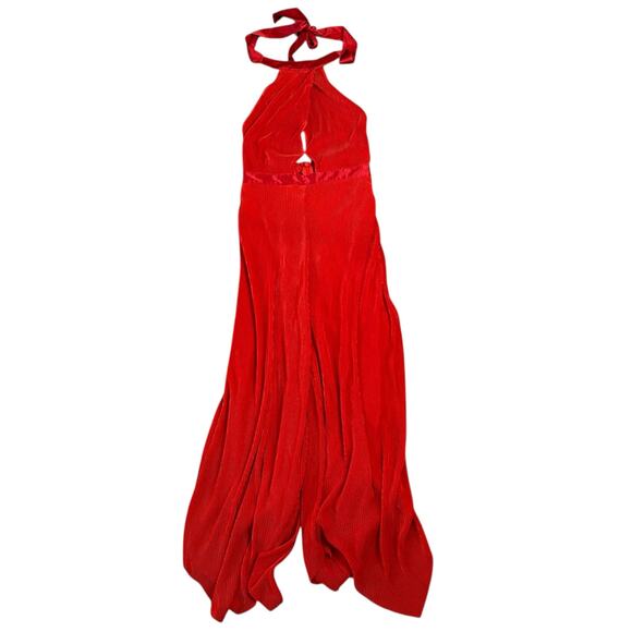 Anthropologie Red Plisse Halter Open Back Jumpsuit Womens 0 Wide Leg Holidays - Picture 4 of 8